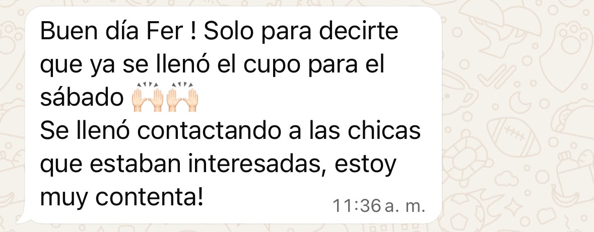 Mensaje de WhatsApp de Kenia contando que llenó el cupo de su lanzamiento