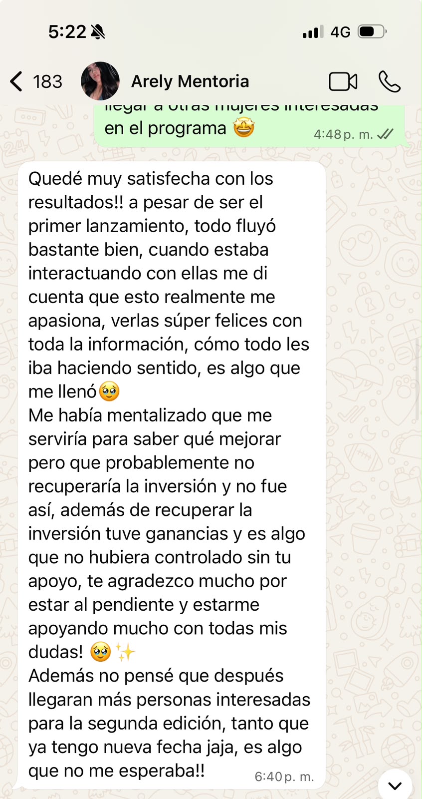 Mensaje de WhatsApp de Areli contando su experiencia con el lanzamiento